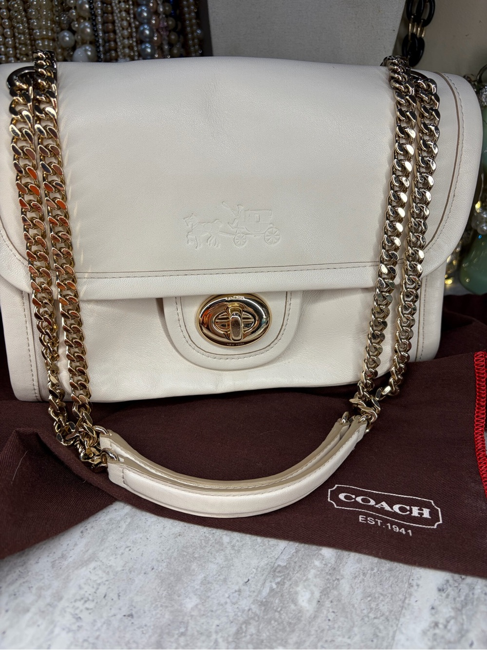Coach Leather Ranger Flap Chain Strap Crossbody Bag Shoulder Purse Cream